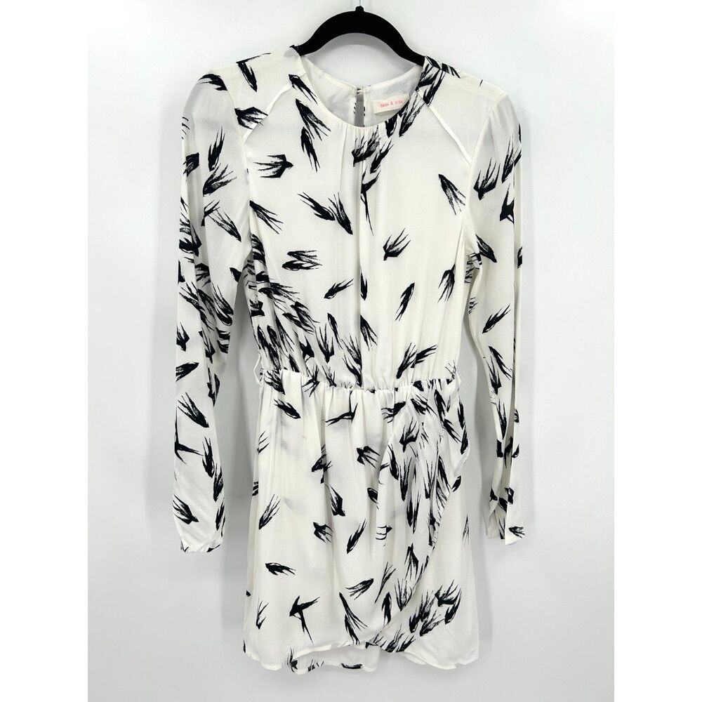 SASS & BIDE White Black Sparrow Bird Print Long Sleeve Mini Dress Size 2